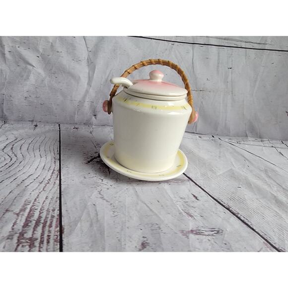 Vintage Danish Folk Art Sugar Dish Condiment Jar Removable Dish Wicker Handle - Picture 10 of 12